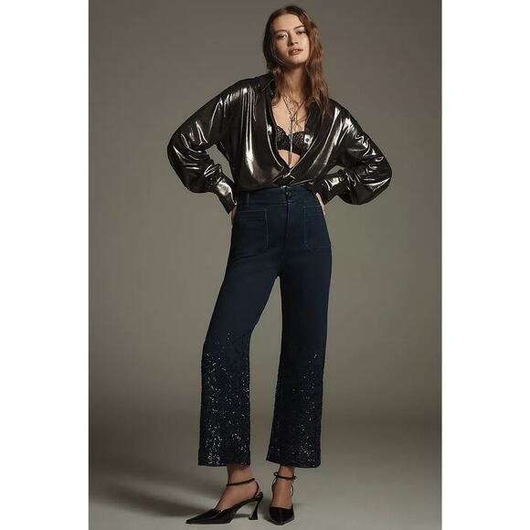 NWT Maeve The Colette Cropped HR Wide-Leg Jeans Sz 24Tall Sequin Sparkle #7A504 - Picture 1 of 14